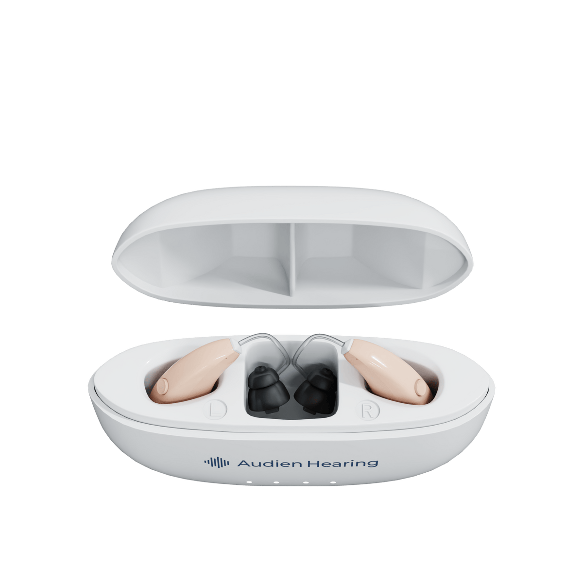 Top view of Audien Ion Pro hearing aids resting in labeled charging case with open lid