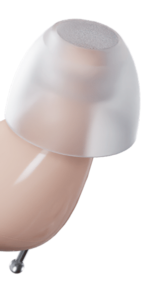 Close-up of Audien in-ear hearing aid with silicone ear tip and wax guard filter

